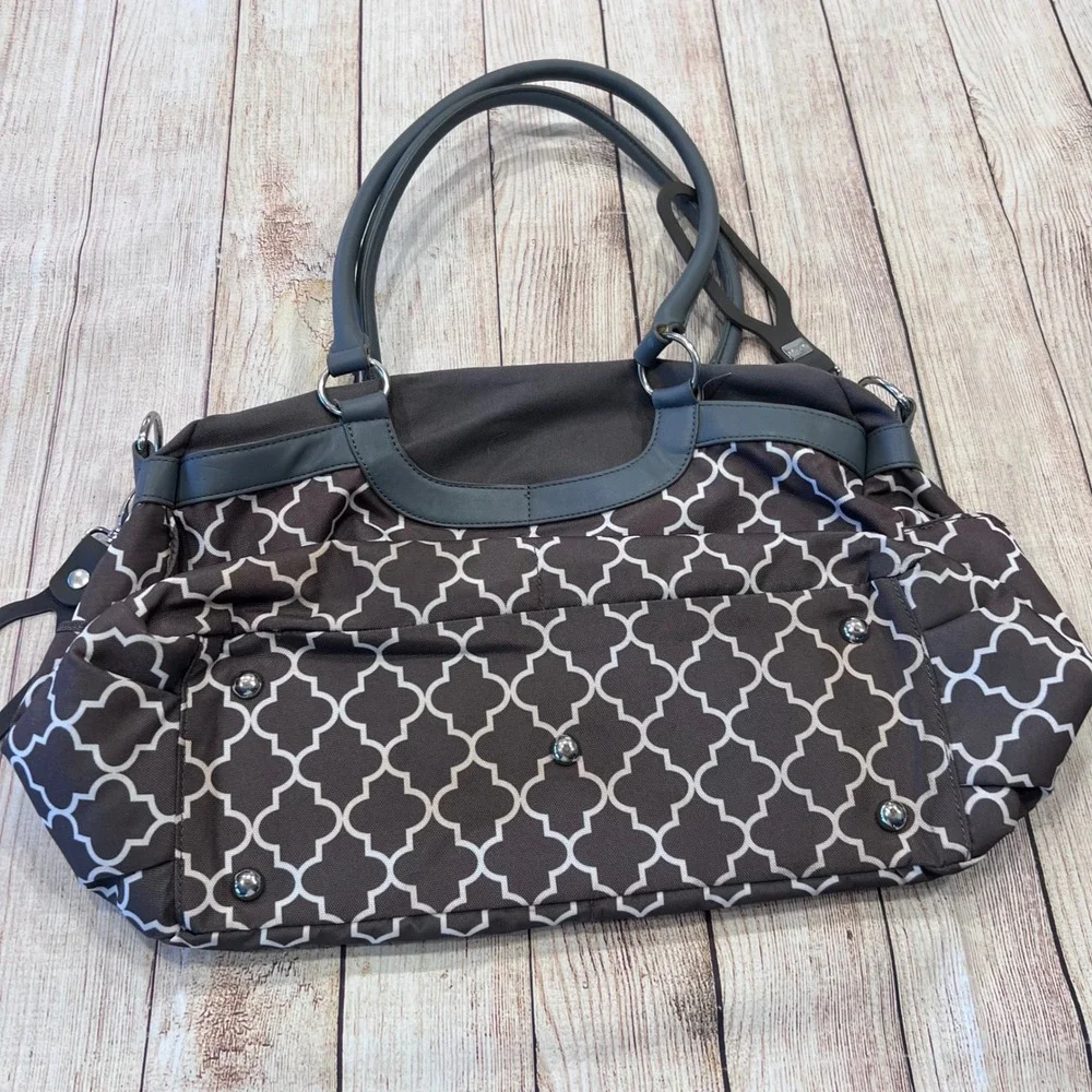 JJ Cole Satchel Diaper Bag Gray White Quatrefoil Trellis Stroller Straps Large